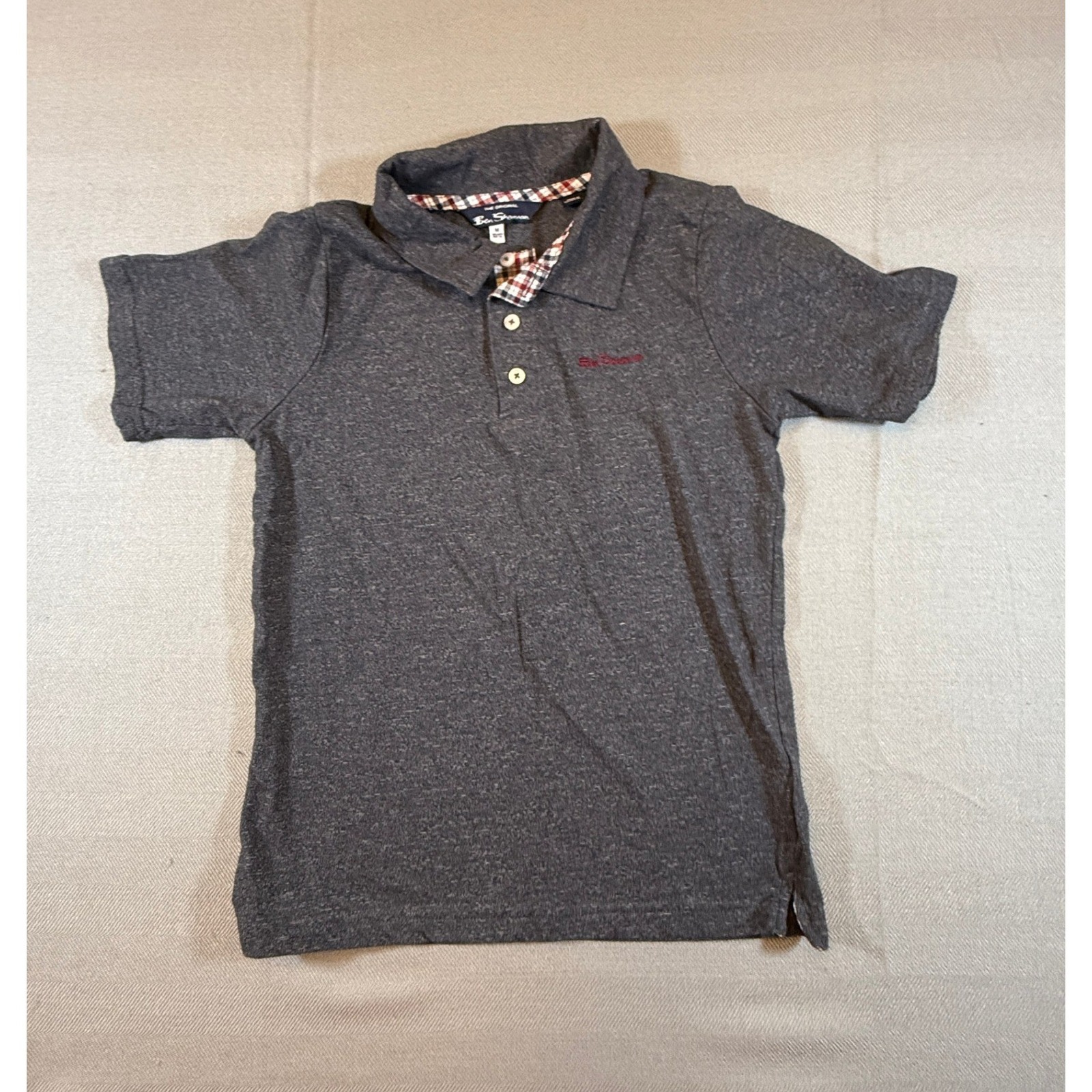 Ben Sherman Boys Charcoal Gray Heather Polo Shirt Plaid Trim Size M 10/12